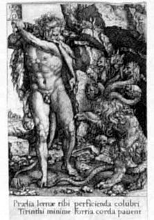 Herakles besiegt mit der Keule die Hydra von Lerna