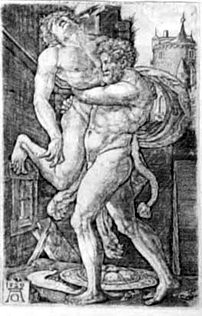 Herakles erdrückt den Riesen Antaios