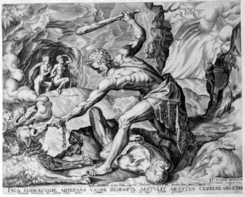 Herakles überwaltigt den Höllenhund Kerberos