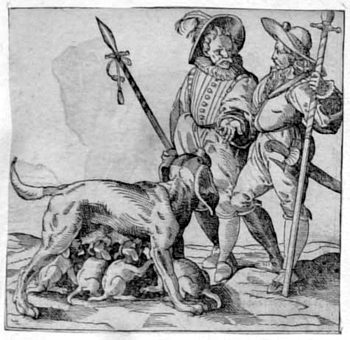 Zwei Jäger mit stillender Hündin