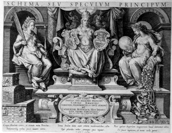 Title Page: Fürstenart oder Fürstenspiegel (Schema seu speculum principium)>>SCHEMA SEV SPECVLVM PRINCIPVM. OPTIMO IVSTISS.PIO MAXIMO PRINCIPI CAROLO EMANVELI SABAVDIAE, PAEDEMONTIS etc. DVCI SERENVS. AC CATHERINAE AVSTRICAE HISP. INFANT EIVS VXORI FORTVN