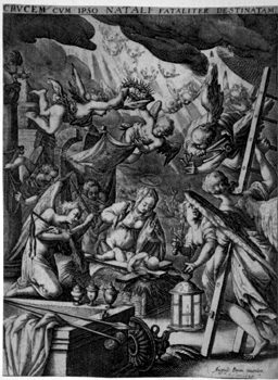 Nativity, surrounded of angels with Arma of Christ