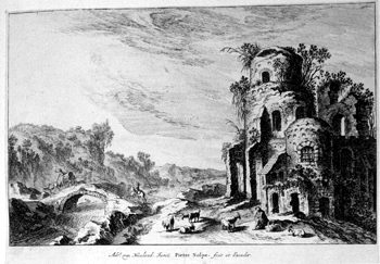 Landschaft mit einer Brücke und Ruinen