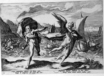 Neptun verfolgt Coronis, die in eine Krähe verwandelt wird