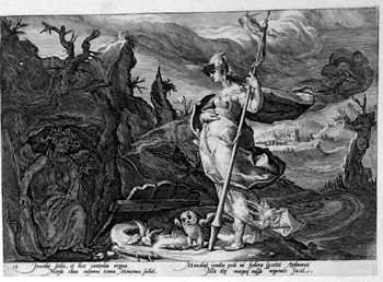 Minerva befiehlt  der Invidia (Neid) die Eifersucht im Herzen Aglauros anzufachen