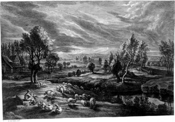 Abendliche Landschaft mit Schäfer und Herde