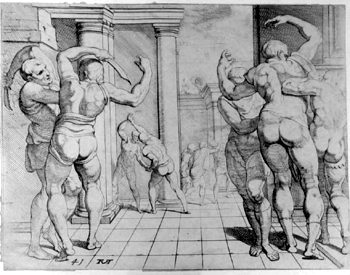 Odysseus verfolgt die Freier mit seinen Helfern