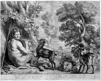 Flötenspielender Satyr mit Ziegen und einem Widder