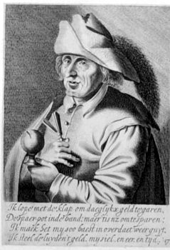 Bettler mit Geldsack und Rassel