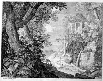 Landschaft mit einer Hütte am Bach