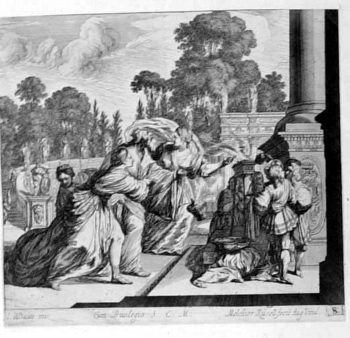 Opfernder König mit drei Frauen Kupferstich 159 x 174 mm