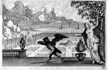 Phantasievedute mit Garten, einer Nymphe und einem Ungeheuer