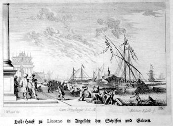 Ansicht von  Porto Mediceo mit dem "Lusthaus" Medici in Livorno