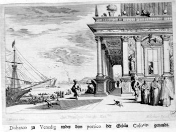 Hafenszene bei einem Säulengang  in Venedig