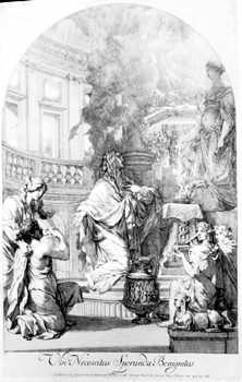 Allegorische Darstellung - Necessitas  (Unabänderlichkeit) und Benignitas (Güte) als Fürsprecher beim Orakelspruch (Iphigenie bietet  ihren Bruder Orestes als Opfer an)