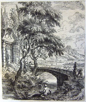 Landschaft mit einem Fischer und einer Brücke