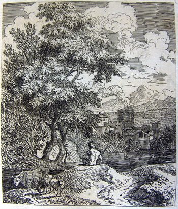 Landschaft mit einem Fischer und Tieren