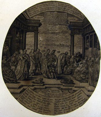 Adeliges Gastmahl, umgeben von biblischen Sprüchen und Sprüchen aus den Epigrammen Martials