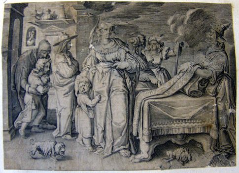 Allegorische Darstellung - Hochmut (?) Eine Frau, die einen Stoff auswählt