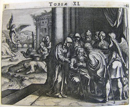 Tobit heilt den blinden Vater mit der Galle des Fisches