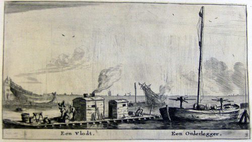 Ein Floß mit einem Frachtschiff