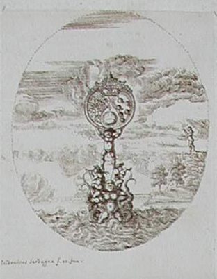Eine Tritonengruppe einen Ring mit den Wappen des Erzherzogspaares hochhaltend