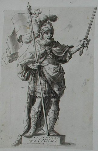 Ein betender Mann mit dem Turban und zwei Personen, eine Vase und den Wäschekorb tragend
