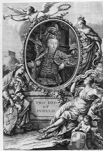 Kaiser Joseph II. als Herrscher von Ungarn, von allegorischen Gestalten umgeben