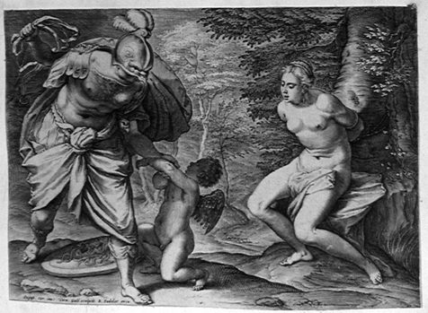 Gefesselte Venus und Minerva, den Amor peitschend