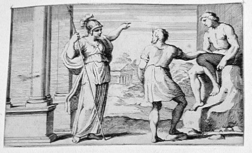 Minerva verweist Prometheus auf das himmlische Feuer