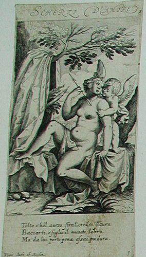 Titelblatt - Sitzende Venus mit Amor und einem Pfeil  >>SCHERZI D´ AMORE<<