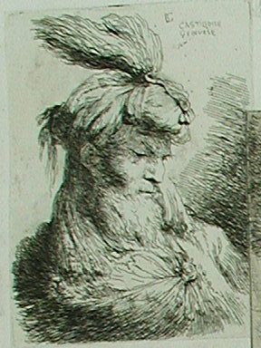 Ein alter Mann mit einem Turban mit Federbusch, nach rechts schauend