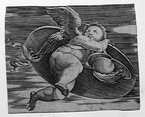 Amorette, das Schild von Eros stehlend