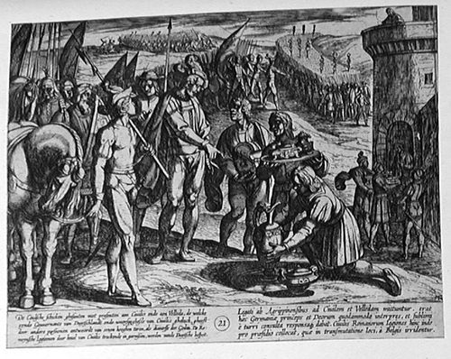 Die Bataven während des Überraschungsattackes auf den römischen Lager auf Mosel