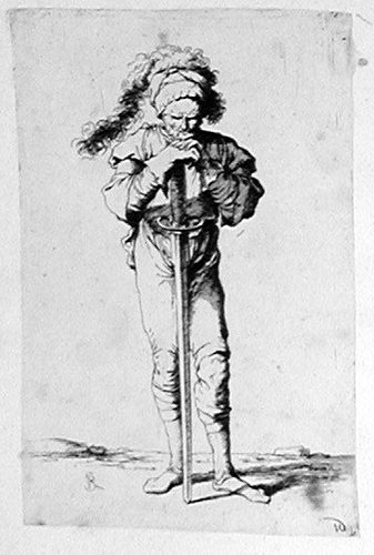 Ein Soldat, mit beiden Händen ein langes Schwert haltend