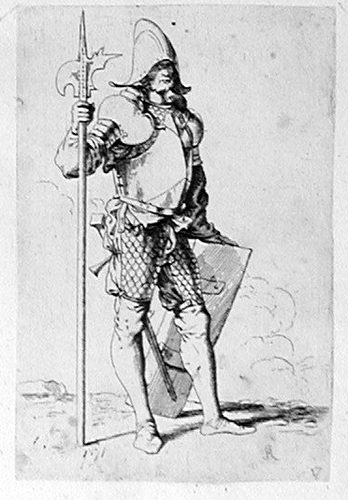 Ein Soldat mit einem Stock, nach rechts schauend
