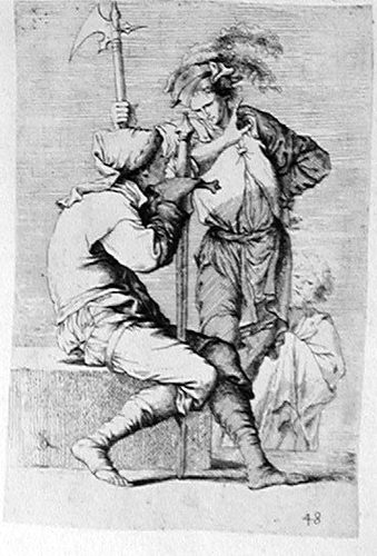Drei Soldaten, ein auf einem Steinblock sitzend