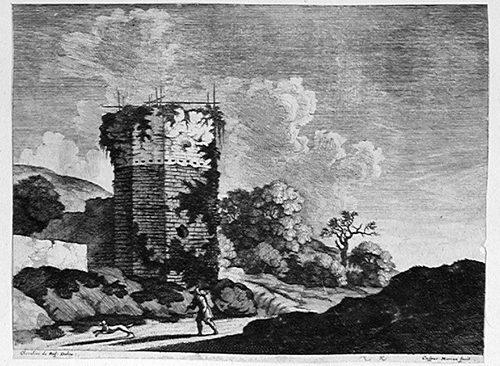 Landschaft mit einem achteckigen Turm