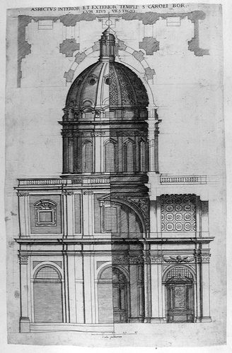 San Carlo Ai Catinari in Rom - Grundriß, Aufriß der Seitenfassade und Querschnitt