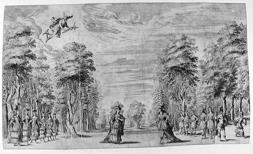 Bühnenbild mit einer galanten Szene im Wald und dem Merkur im Hix el