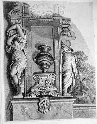 Zwei Karyatiden mit einer Kratervase, ein Gewölbe des Saales tragend