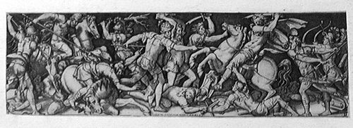 Kampfszene mit dem Reiter, die Soldaten mit dem Schwert, Stein und einem Baumstax  abwehrend