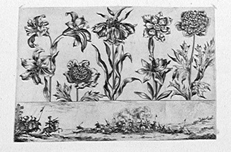 Lilien und andere Blüten, unten eine Schlachtszene