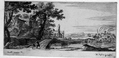 Landschaft mit zwei Wanderern vor einer Brücke