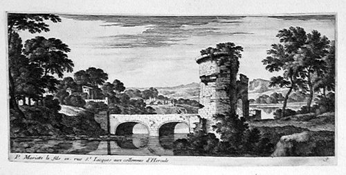Landschaft mit einer Brücke und einem Turm