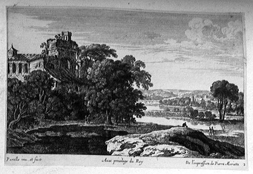 Landschaft mit  einer Ruine am Ufer