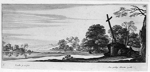 Landschaft mit dem betenden Einsiedler und einem Wanderer