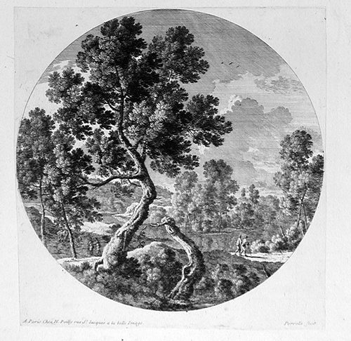 Landschaft mit vier Wanderern  und einem großen Baum