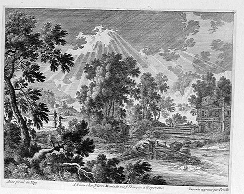 Landschaft mit zwei Frauen bei einer Wassermühle