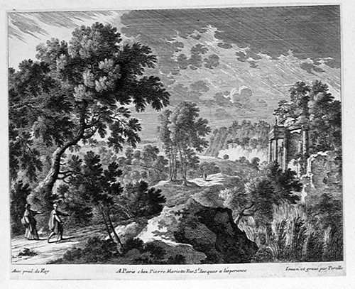 Landschaft mit Wanderern und einer Ruine